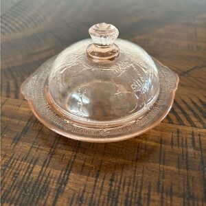 Miniature Pink Glass Butter Dish. “Jennifer Miniatures” series by Mosser Glass